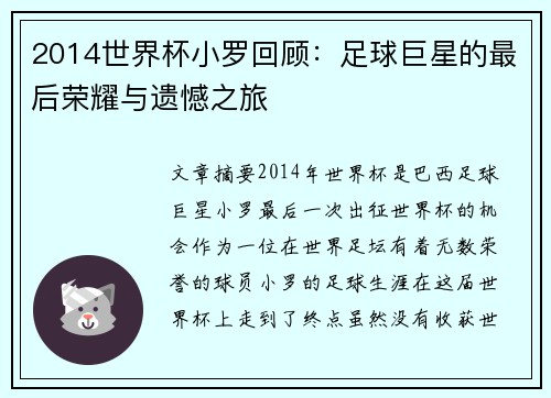 2014世界杯小罗回顾：足球巨星的最后荣耀与遗憾之旅
